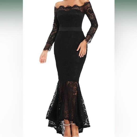 Mermaid Dress Long Off shoulder Black Lace Dress Size Large - Picture 6 of 6